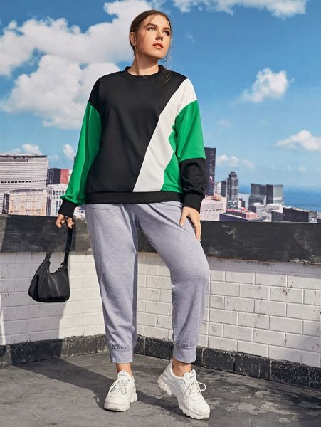 

plus color block drop shoulder pullover g9on#, Black