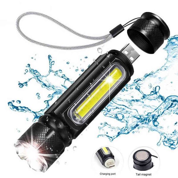 Lanterna de bateria embutida lanterna led USB recarregável T6 COB zoom zoom 5 modos Flash Light Light Magnetic Atração à prova d'água J220713