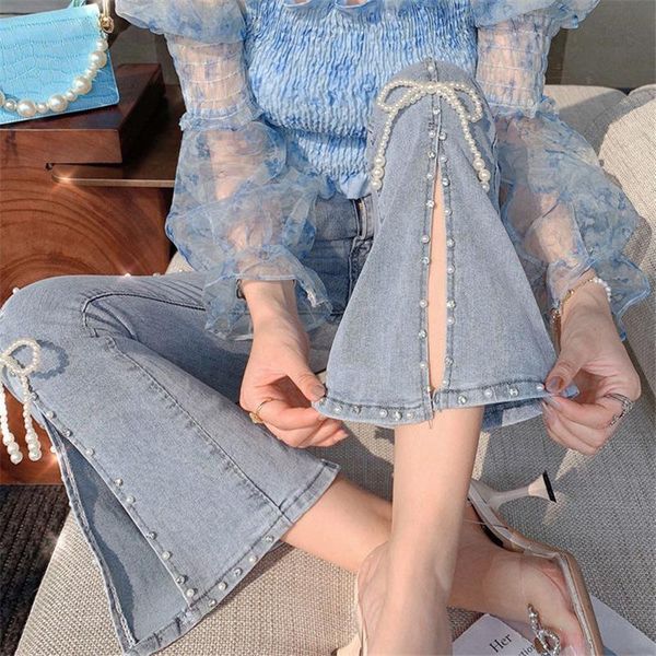 

women's jeans women high waist split denim pants elegant chic beading bowknot boot cut girls vintage fairy sweet trousers, Blue