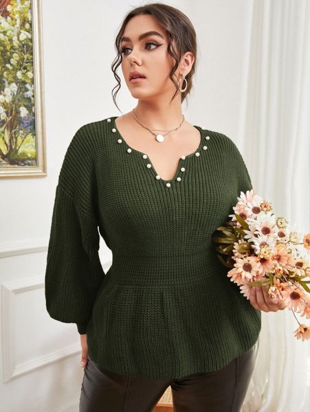 

plus notch neck pearl detail lantern sleeve sweater f6in#, Black