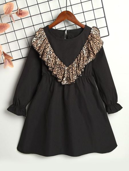 

girls contrast leopard ruffle trim flounce sleeve dress she, Red;yellow