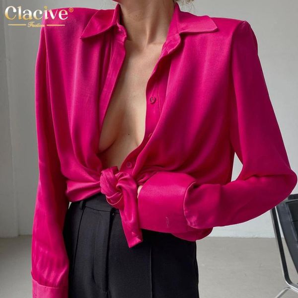 

women's blouses & shirts clacive pink lapel satin women vintage long sleeve fashion elegant slim single-breasted ladies woman, White