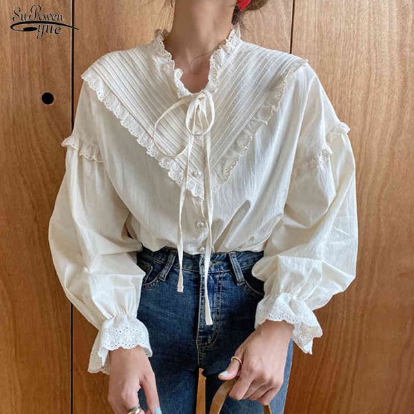 

loose clothing cotton vintage elegant women shirt korean style solid long lantern sleeve blouse blusas 9580 210427, White