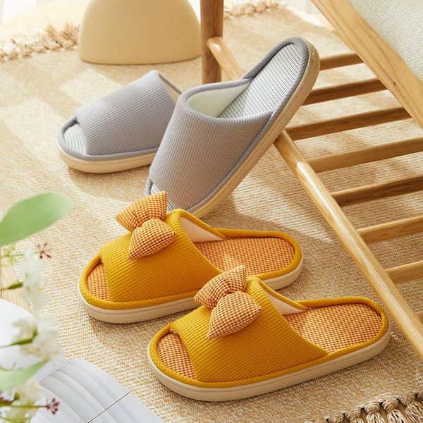 

slippers women cotton linen breathable spring summer shoes bow female male indoor slipper platform couples home floor slides, Black