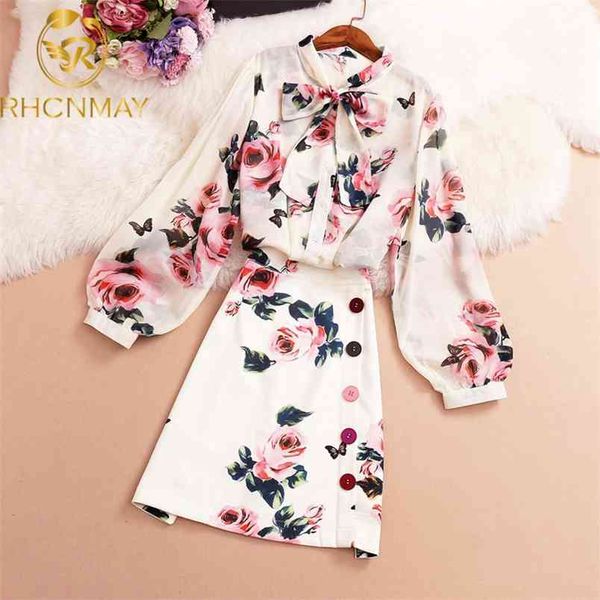 

women summer pink rose printed 2 piece set sweet bow collar long sleeve chiffon shirt + colorful button skirt 210506, White
