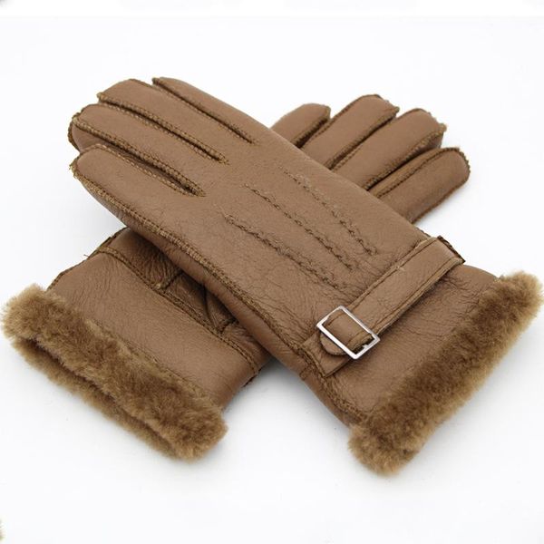

five fingers gloves winter thickened leather warm fur one men' and women' sheepskin cycling all finger sheep shearing, Blue;gray
