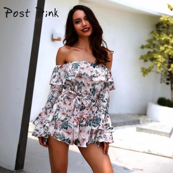 

women's jumpsuits & rompers postpink women summer boho floral print ruffle short jumpsuit waist off shoulder strapless beach playsuits, Black;white
