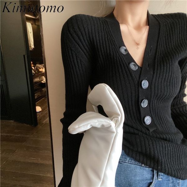 

kimutomo knitted sweater women v-neck solid slim fit pullover female autumn winter korea fashion buttons chic elegant 210521, White;black