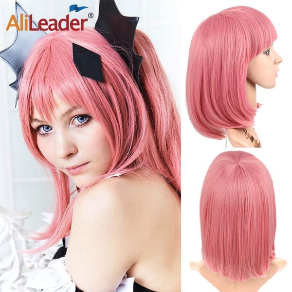 

synthetic wigs alileader short cosplay 12"inch bob with bangs straight for black women heat resistant