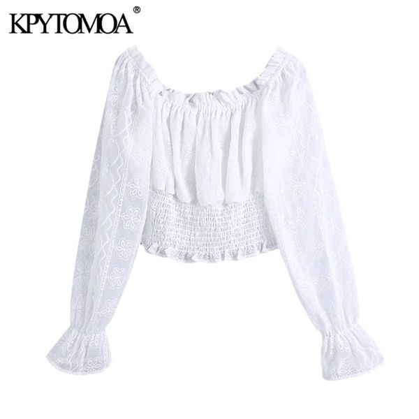 

women sweet fashion embroidery organza cropped blouses long sleeve elastic hem female shirts chic 210420, White