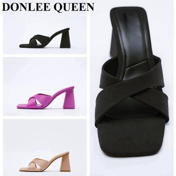 

slippers fashion brand high heel women slip on slide narrow band sandals shoes casual female slipper big size 42 sandalias mujer, Black