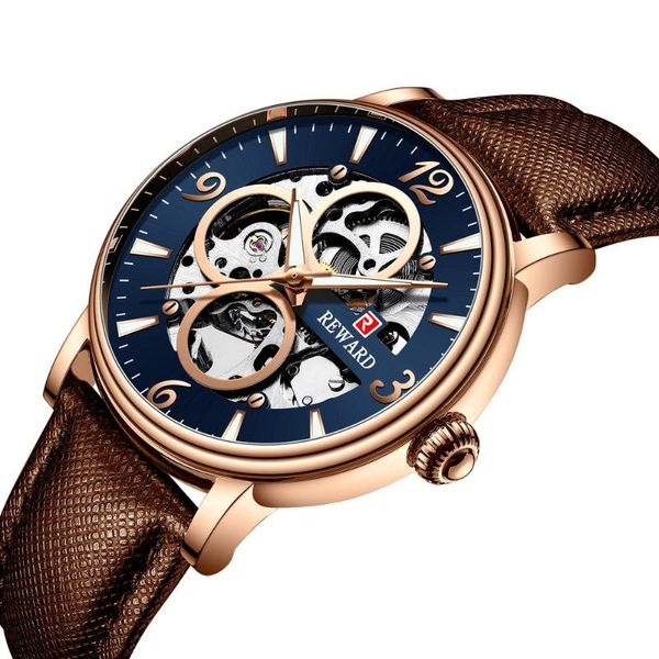 

wristwatches reward fashion luxury men automatic mechanical watch transparent case skeleton watches waterproof sport wrist, Slivery;brown