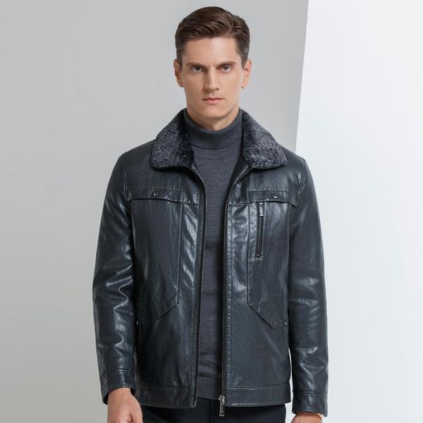 

men's leather & faux winter 2021 middle-aged men down jacket male lapel imitation lamb fur collar coat mens short thicken jackets, Black