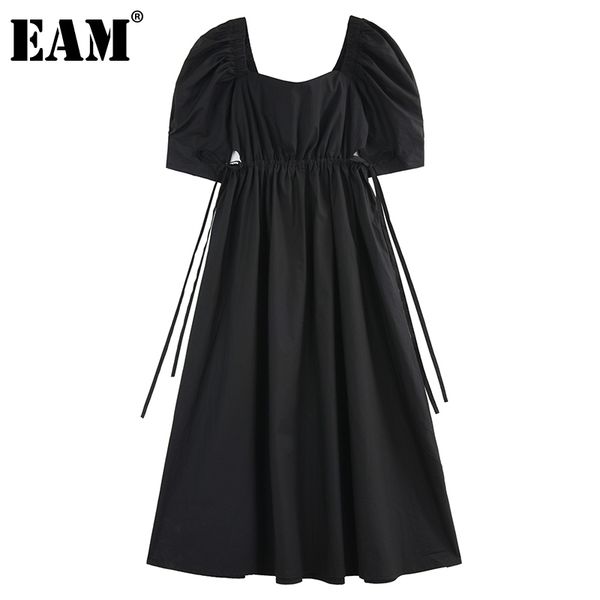 

[eam] women black ruffles hollow out bow dress square neck short puff sleeve loose fashion spring summer 1dd7853 210512, Black;gray