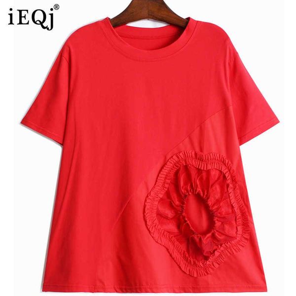

women's t-shirt ieqj women round neck short sleeve patchwork floral drawstring asymmetrical fashion red loose summer 2021 8p614, White