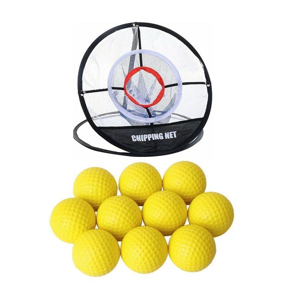 

golf training aids 10pcs yellow soft elastic indoor practice pu ball & 1x net three-layer cutting rod network