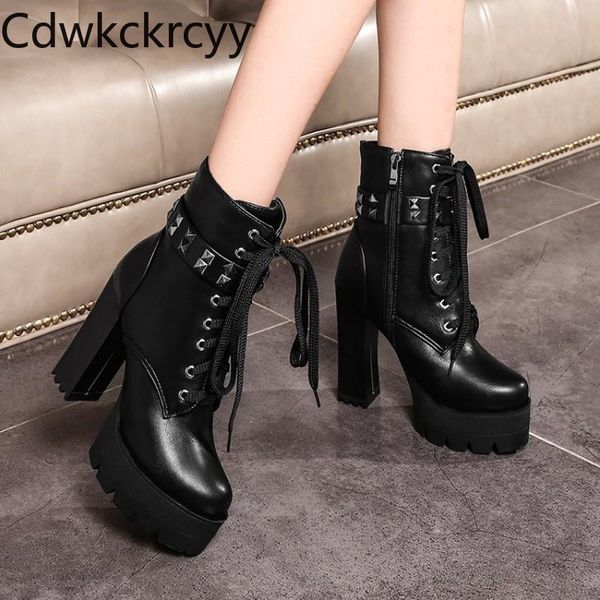 

boots winter the fashion round head thick with 11cm black rivet plus velvet keep warm high heel women