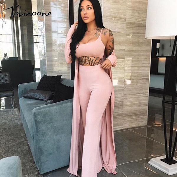 

women's tracksuits tobinoone women knitted 3 piece set spaghetti strap high waist pant long sleeve cardigan overcoat belt knitwear stre, Gray