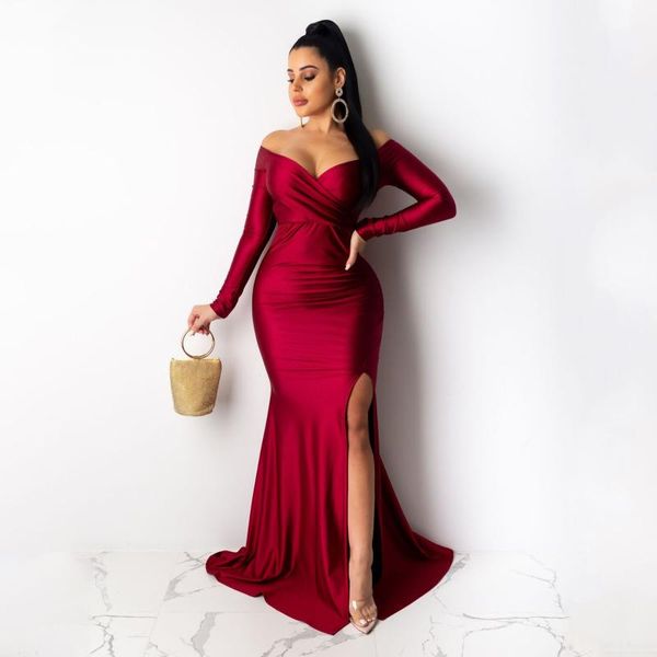 

casual dresses 2021 off-the-shoulder low-waist v-neck high-side slit dress, Black;gray