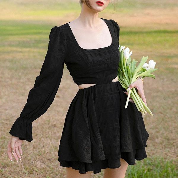 

casual dresses elegant black mini dress women long sleeve hollow out slim evening party vintage ladies 90s clothes gothic chic, Black;gray