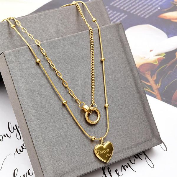 

pendant necklaces wholesale fashion stainless steel double layer ring love heart necklace jewelry for women can be split into one multi-wear, Silver