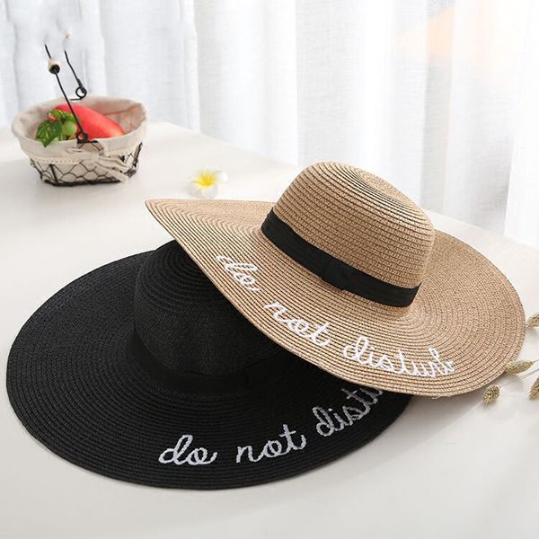 

2019 letter embroidery cap big brim ladies summer straw hat youth s women shade sun s beach, Blue;gray
