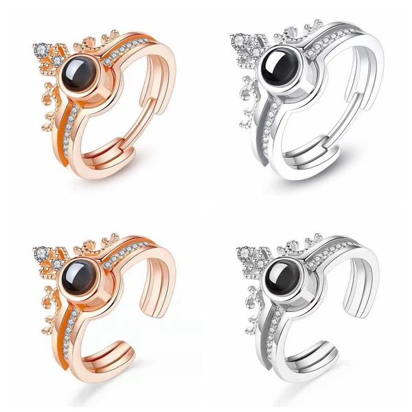 

rose gold silver plated i love you 100 languages projection crown ring for women gift adjustable size, Golden;silver