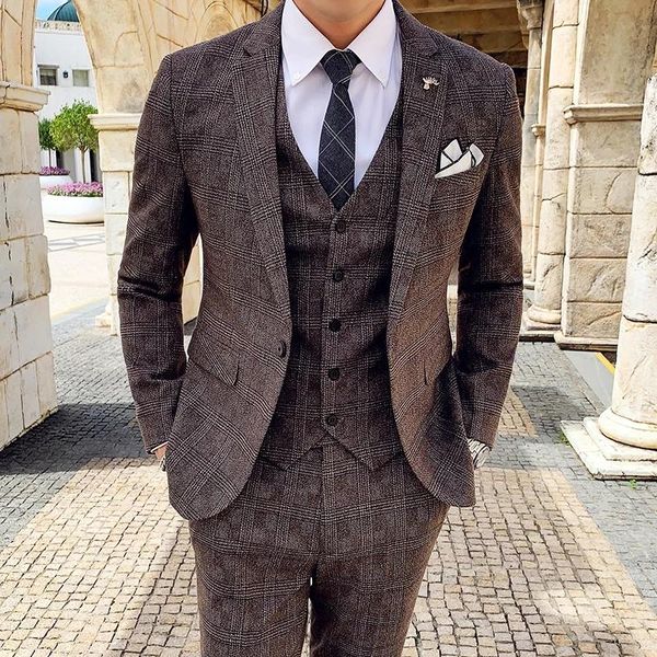 

men's suits & blazers spring and autumn wedding for groom mens fashion handsome plaid set graceful business formal office 3 piece, White;black