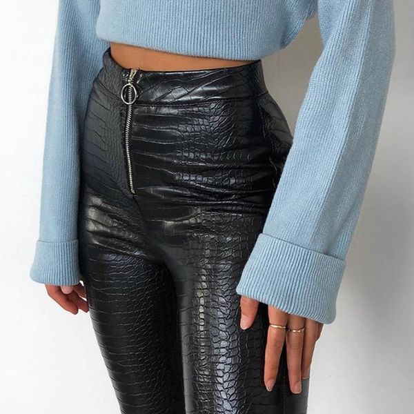 

stretch autumn winter leather casual women pant pu pencil trousers slim fit high waist, Black;white