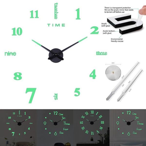 

modern diy wall clock large stickers decoration mirror 3d luminous clocks
