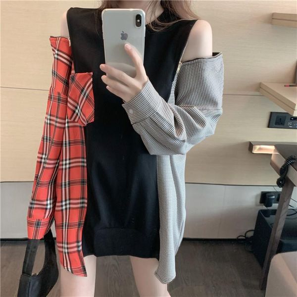 

women's hoodies & sweatshirts fashion women harajuku pullovers plaid hollow out shoulder, Black