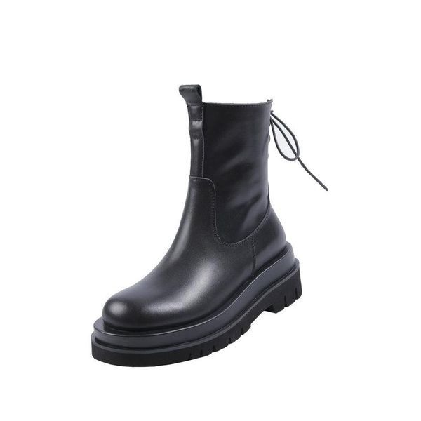 

boots genuine leather ladies elastic band round toe thick heels pumps vintage autumn winter party working shoes woman, Black