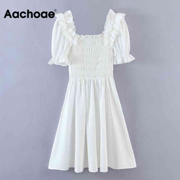 Süße weiße Rüschen Mini Frauen A-Linie Stretch Büste Elegantes Kleid Weibliche Kurzarm Chic Sommerkleider Robe 210413