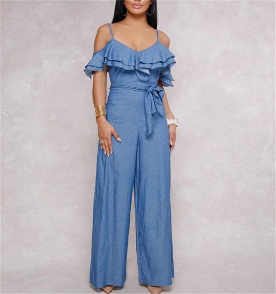 

women's jumpsuits & rompers blue s-xl european and american jumpsuit spring summer jeans suspension belt low-breasted lotus leaf-edge, Black;white