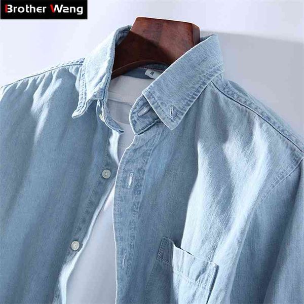 

3 colors men's casual denim shirt fashion casual cotton slim fit cowboy long sleeve shirt male brand clothes 210708, White;black