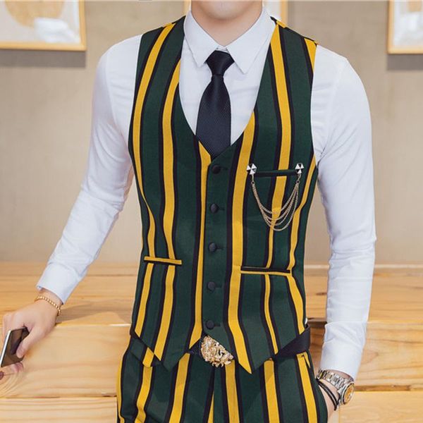

men's vests 2021 chaleco hombre fashion british style stripe printing single row buckle vest waiter nightclub work clothes man, Black;white