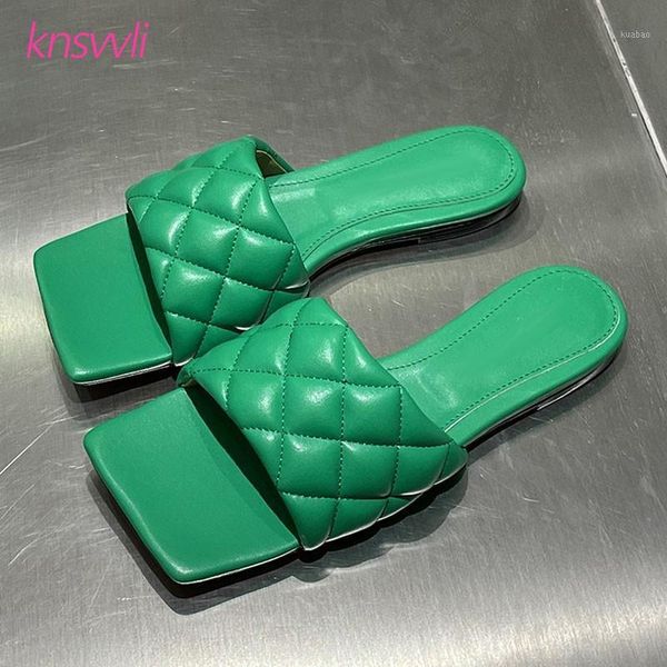 

women slippers rhombus leather mules beach shoes square toe summer runway woman candy color flat sandals1, Black