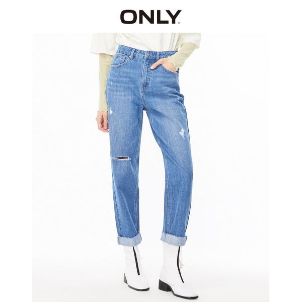 

women's jeans only loose straight fit high-rise ripped crop | 120149659, Blue