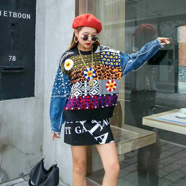 

women's sweaters europe station 2021 autumn and winter heavy industry beaded denim stitching sweater women loose net red knit trend, White;black
