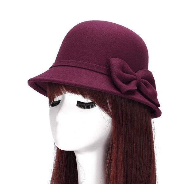 

stingy brim hats fashion women hat solid wool artificial felt dome fedoras vintage bow bucket ladies cap color wholesale, Blue;gray