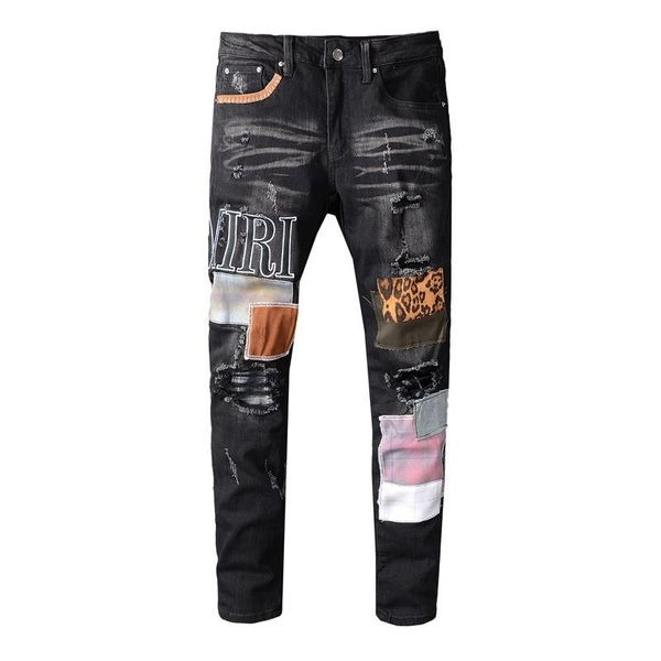 

men's jeans 2021 pants high street patch holes black slim stretch, Blue