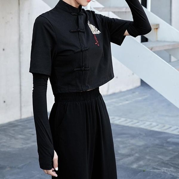 

ethnic clothing chinese style fan print harujuku black t-shirt women 2021 asian streetwear bottons cheongsam crop 07, Red