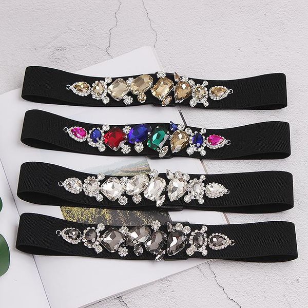 

belts 2021 luxury big flower crystal bead waist women high elastic colorful rhinestone waistband corset dress strap girdle, Black;brown