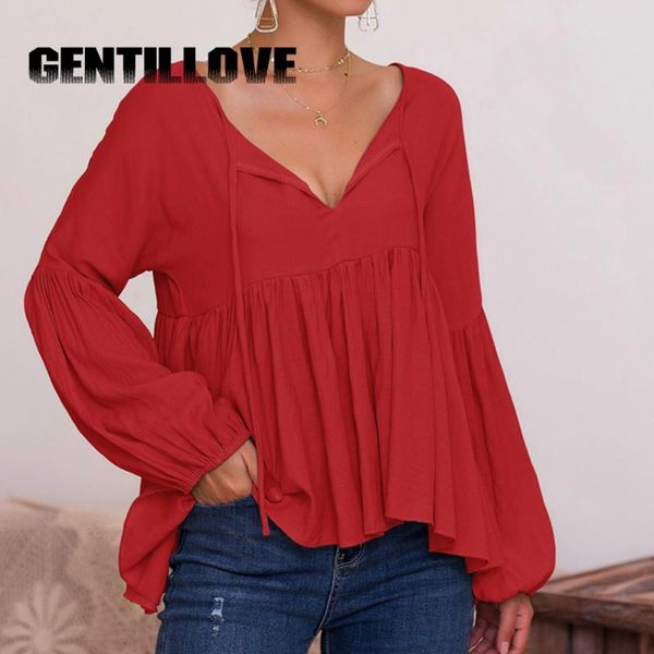 

women's blouses & shirts gentillove v neck lady t-shirt elegant giant long sleeve tee fashion beachwear solid causal blouse wom, White