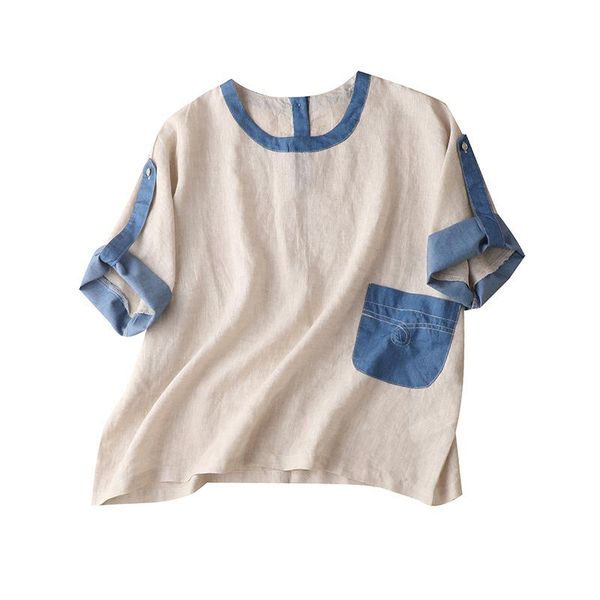 

women's blouses & shirts shuchan plus size blusa feminina japan style patchwork linen and cotton for women fashion loose top, White