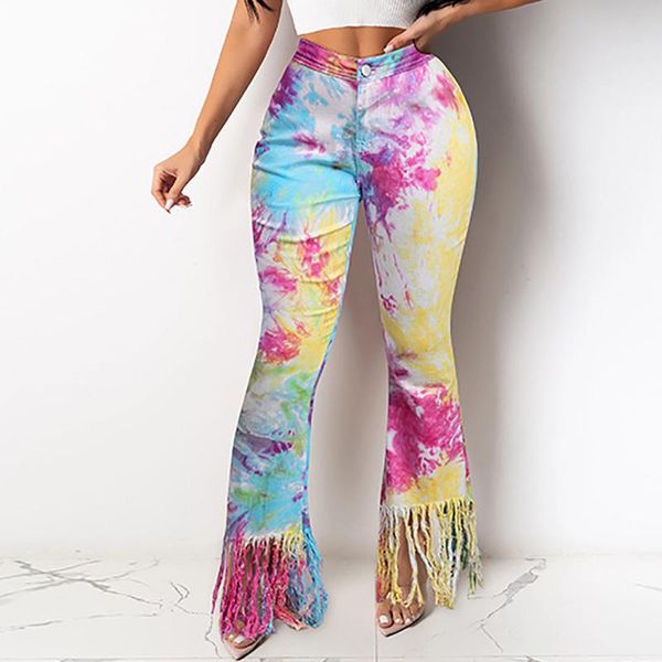 

winter women pants korean style jeans fashion tie-dye tassel micro flared casual calÃ§a feminina women's & capris, Black;white