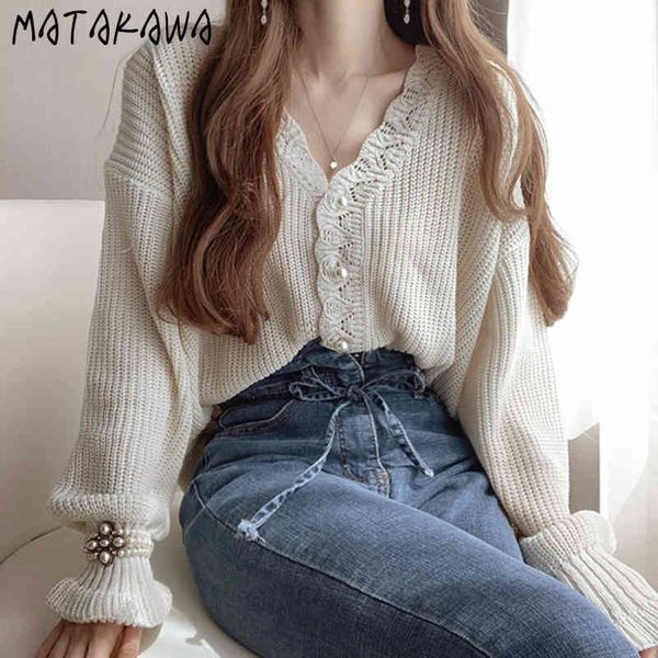 MATAKAWA Maglione da donna con scollo a V con motivo scavato Corea Cardigan lavorato a maglia con petto di perle Maglioni con maniche a sbuffo allentati in autunno 210513