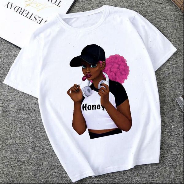 

summer cool black girl printing women t shirts fashion streetwear harajuku casual short sleeved, White