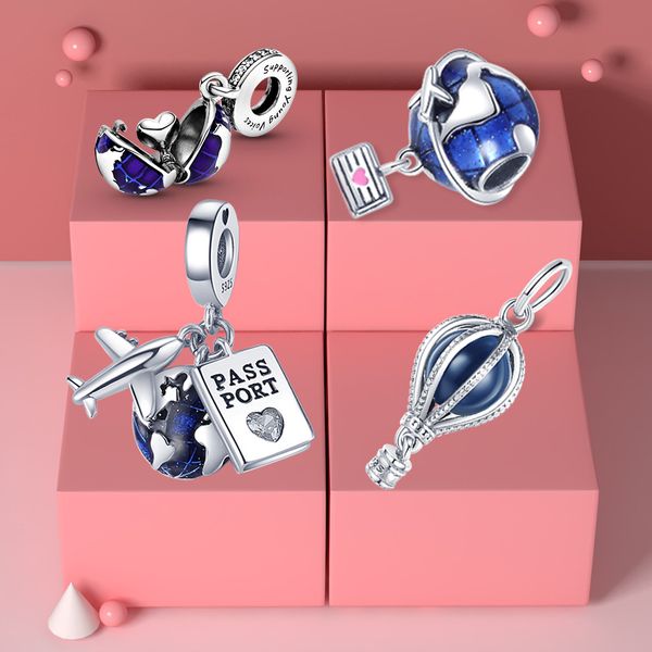 

925 sterling silver blue earth plane travel balloon beads charm fit pandora bracelet bangle for women jewelry gift with original bag, Black