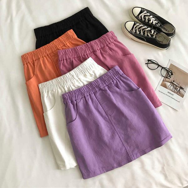 

skirts korean women high waist a line skirt sweet ladies elastic mini short solid color with pocket female 2kl3, Black